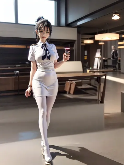 (best quality, masterpiece:1.2), photorealistic,(cinematic composition:1.3), ultra high res, cinematic lighting, ambient lighting, sidelighting, Exquisite details and textures, 1girl, full body, smile, ponytail, blue hair, look at viewer, detailed face, standing, medium breasts,  breasts, flight attendant uniform, (white pantyhose:1.2), high heel, airport, lounge, detailed background, depth of field, professional lighting, photon mapping, radiosity, physically-based rendering,  <lora:cuteGirlMix4_v10:0.5> <lora:saikaKawakita_saikaV20:0.4>