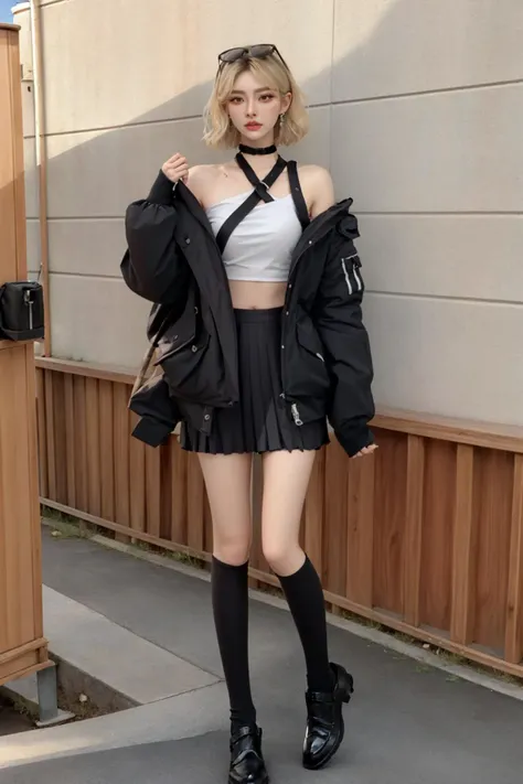 masterpiece, best quality, ultra realistic 8k cg, picture-perfect face, flawless, detailed background, concrete, wood, cracks, soft lighting, 
((1girl, solo)), [[ulzzang-6500-v1.1]], hiqcgbody, full body, standing, looking at viewer, angry, blush, (blonde hair, short hair, glossy lips, sweat), bomber jacket, off shoulder, crop top, sleeves past wrists, pleated skirt, chocker, earrings, kneehighs, mary janes, solo focus,
<lora:AG-nini:0.8>,  <lora:hipoly3DModelLora_v10:0.6>,