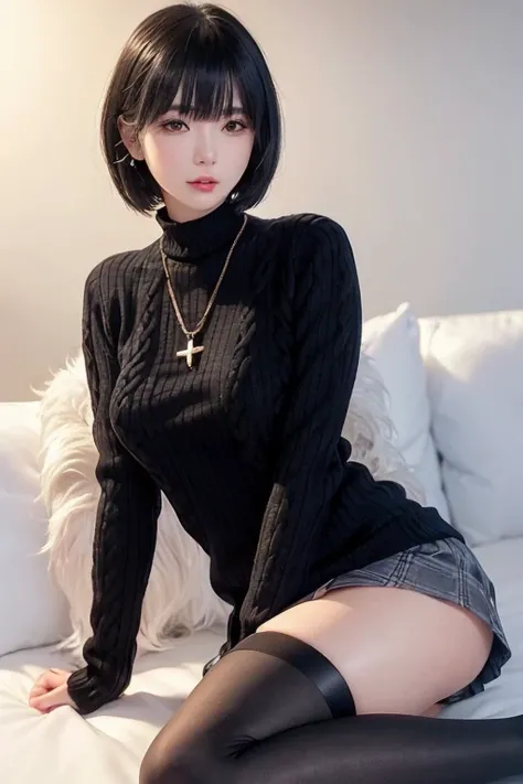 <lora:addielyn_v1_chilloutmix_NiPrunedFp16Fix_100_33pic_epoc:0.6666> extremely detailed ((addielyn)), detailed eyes,
(Best quality details:1.2),realistic,8K High definition,(1girl:1.2),Ultra Detailed,High quality texture,intricate details,detailed texture,finely detailed,high detail,extremely detailed cg,High quality shadow,Detailed beautiful delicate face,Detailed beautiful delicate eyes,Depth of field,Ray tracing,(a beautiful 25 age years old sexy korean woman:1.1),medium breast, tall_female, beautiful_legs, Glow Eyes,blush, perfect body,skinny, (black sweater:1.4), (open grey coat:1),(short plaid tight skirt :1.2), (stockings_garterbelt:1.1, stilleto:1.1), (bob cut:1.1), street, sunlight, kneeling on sofa, earrings,necklace, model, looking at viewer, from side, dynamic pose, mole under eye,