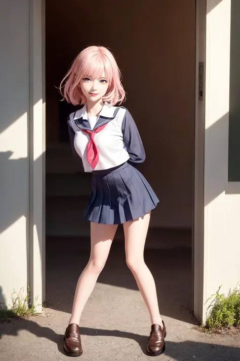 (unparalleled masterpiece, ultra realistic 8k CG, perfect artwork, perfect female figure,dramatic shadow,ray tracing),
( spotlight,perfect lighting,detailed light,dramatic shadow,ray tracing),
(clean,shiny skin,detailed face, super idol face,an extremely delicate and beautiful:1.2),from below,
extreamly delicate and beautiful,1girl, pink hair,bangs,black pantyhose,blue eyes, seductive smile, smile, short blonde hair,beautifully detailed background,depth of field,
<lora:fashionGirl_v50:0.1>,looking at viewer, <lora:koreanDollLikeness_v15:0.5>, (school uniform), serafuku, (pleated skirt), ((arms behind back, full body, slim leg)), air Jordan, loafers, in a meadow, night, in hawaii,