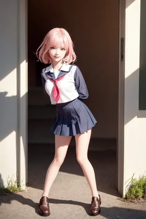 (unparalleled masterpiece, ultra realistic 8k CG, perfect artwork, perfect female figure,dramatic shadow,ray tracing),
( spotlight,perfect lighting,detailed light,dramatic shadow,ray tracing),
(clean,shiny skin,detailed face, super idol face,an extremely delicate and beautiful:1.2),from below,
extreamly delicate and beautiful,1girl, pink hair,bangs,black pantyhose,blue eyes, seductive smile, smile, short blonde hair,beautifully detailed background,depth of field,
<lora:fashionGirl_v50:0.1>,looking at viewer, <lora:koreanDollLikeness_v15:0.5>, (school uniform), serafuku, (pleated skirt), ((arms behind back, full body, slim leg)), air Jordan, loafers, in a meadow, night, in hawaii,