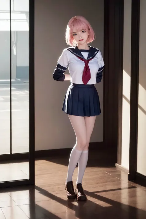 (unparalleled masterpiece, ultra realistic 8k CG, perfect artwork, perfect female figure,dramatic shadow,ray tracing),
( spotlight,perfect lighting,detailed light,dramatic shadow,ray tracing),
(clean,shiny skin,detailed face, super idol face,an extremely delicate and beautiful:1.2),from below,
extreamly delicate and beautiful,1girl, pink hair,bangs,black pantyhose,blue eyes, seductive smile, smile, short blonde hair,beautifully detailed background,depth of field,
<lora:fashionGirl_v50:0.1>,looking at viewer, <lora:koreanDollLikeness_v15:0.5>, (school uniform), serafuku, (pleated skirt), ((((arms behind back:2, full body, ))))