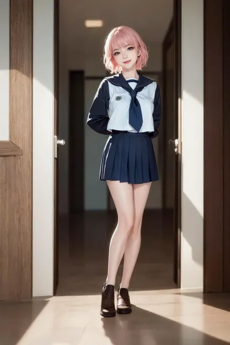 (unparalleled masterpiece, ultra realistic 8k CG, perfect artwork, perfect female figure,dramatic shadow,ray tracing),
( spotlight,perfect lighting,detailed light,dramatic shadow,ray tracing),
(clean,shiny skin,detailed face, super idol face,an extremely delicate and beautiful:1.2),from below,
extreamly delicate and beautiful,1girl, pink hair,bangs,black pantyhose,blue eyes, seductive smile, smile, short blonde hair,beautifully detailed background,depth of field,
<lora:fashionGirl_v50:0.1>,looking at viewer, <lora:koreanDollLikeness_v15:0.5>, (school uniform), serafuku, (pleated skirt), ((((arms behind back:2, full body, ))))