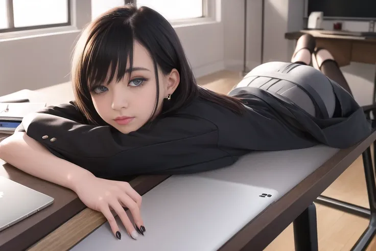 (masterpiece), best quality, highest quality, extremely detailed CG unity 8k wallpaper, detailed and intricate, original,highres,
\\
(16yo),extremely detailed_eyes, fingernails,sexy,breasts,
(eyeliner:0.5),(blush:0.5),black hair,hair pulled back, Folded tied hair,simple diamond earrings,detailed skin,
looking at viewer,solo,
(NSFW:1.1),Moist lips,
\\
office lady, suits, white shirt,striped miniskirt, (black pantyhose:1.1),black high heels,Lie on the table,
dynamic pose,sitting,lying,perfect anatomy,pov,
\\
indoors, office,glass & metal table,leather office chair, smartphone, macbook,
\\
(depth of field:1.5),li:0.1,realistic:1.3,
(ambient light:1),(cinematic composition:1.3),(neon lights:0.1),(HDR:0.1),Accent Lighting,side lighting,
(pantyshot:1),fish eye lens,