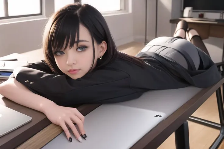(masterpiece), best quality, highest quality, extremely detailed CG unity 8k wallpaper, detailed and intricate, original,highres,
\\
(16yo),extremely detailed_eyes, fingernails,sexy,breasts,
(eyeliner:0.5),(blush:0.5),black hair,hair pulled back, Folded tied hair,simple diamond earrings,detailed skin,
looking at viewer,solo,
(NSFW:1.1),Moist lips,
\\
office lady, suits, white shirt,striped miniskirt, (black pantyhose:1.1),black high heels,Lie on the table,
dynamic pose,sitting,lying,perfect anatomy,pov,
\\
indoors, office,glass & metal table,leather office chair, smartphone, macbook,
\\
(depth of field:1.5),loli:0.1,realistic:1.3,
(ambient light:1),(cinematic composition:1.3),(neon lights:0.1),(HDR:0.1),Accent Lighting,side lighting,
(pantyshot:1),fish eye lens,
