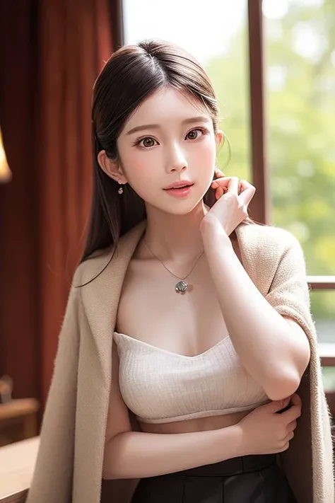 <lora:ilicheng_v1_chilloutmix_NiPrunedFp16Fix_100it_100pic:1.0>blushing embarassed smiling ilicheng,  
mouth closed, balanced eyes,
(Best quality details:1.2),realistic,8K High definition,Ultra Detailed,High quality texture,intricate details,detailed texture,finely detailed,high detail,extremely detailed cg,High quality shadow,Detailed beautiful delicate face,Detailed beautiful delicate eyes,Depth of field,Ray tracing,(a beautiful 25 age years old sexy korean taiwan girl:1),medium breast, tall_female, beautiful_legs, Glow Eyes,blush,  perfect body,skinny, 
blurry outdoor background, 
silver 
fashionable
Watch, 
blue 
tight-fitting
Inskirt,

 open coat:1.1, [brown_skirt]:1, stockings and garterbelt:1.2,   hair, cozy living room, sunlight, earrings,necklace, model, looking at viewer, dynamic pose, 

 ulzzang-6500-v1.1:0.01