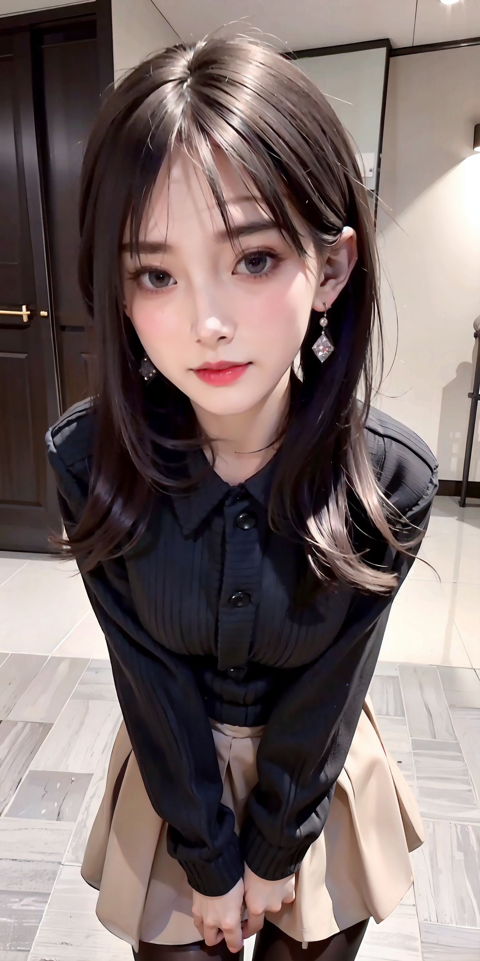 A close up of a woman in a skirt and a black shirt - SeaArt AI
