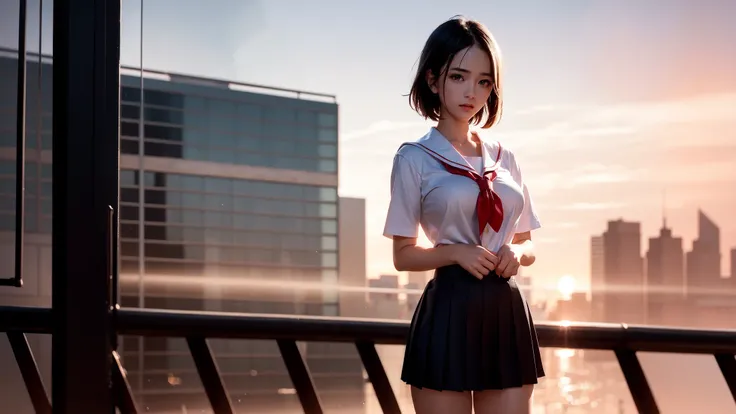 tmasterpiece, best quality, 
highest quality, extremely detailed CG unity 8k wallpaper, detailed and intricate, original,highres,
symmetrical,High detail RAW color photo professional close photograph, [:(highly detail face: 1.5):0.1], (PureErosFace_V1:0.6), highschool,student,school uniform, sailor collar,bobby socks,school bag,pleated skirt, short hair, pore, real human skin, 16yo woman, cute,clean face,shiny eyes,,extremely detailed_eyes, fingernails,(blush:0.5),looking at viewer, nipples, tindal effect,lens flare,shade, bloom, backlighting, depth of field, natural lighting, hard focus, film grain, photographed with a Sony a9 II Mirrorless Camera, by Laurence Demaison,huge breasts,<lora:japaneseDollLikeness_v10:0.3>,breast slip,correct finger count,right hand

standing,

(best quality, masterpiece:1.2), photorealistic, (ambient light:1.3), (cinematic composition:1.2), 8k, hdr, ultra high res, Exquisite details and textures, sportscar, supercar, tail lights, sunset, street view, skyscrapers, skylines, cyberpunk, neon lights, clouds, raining, wet floor, reflection, dusty air, light particles, ray of lights, detailed background, depth of field, professional lighting, photon mapping, radiosity, physically-based rendering