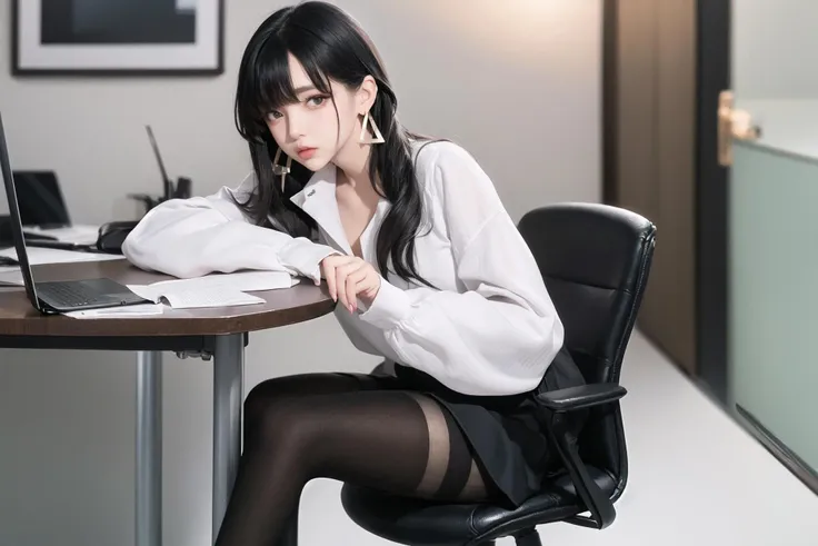 (masterpiece), best quality, highest quality, extremely detailed CG unity 8k wallpaper, detailed and intricate, original,highres,
\\
(16yo),extremely detailed_eyes, fingernails,sexy,breasts,
(eyeliner:0.5),(blush:0.5),black hair,hair pulled back, Folded tied hair,simple diamond earrings,detailed skin,
looking at viewer,solo,
(NSFW:1.1),Moist lips,
\\
office lady, suits, white shirt,striped miniskirt, (black pantyhose:1.1),black high heels, LV bags,
dynamic pose,sitting,lying,perfect anatomy,pov,
\\
indoors, office,glass & metal table,leather office chair, smartphone, macbook,
\\
(depth of field:1.5),loli:0.1,realistic:1.3,
(ambient light:1),(cinematic composition:1.3),(neon lights:0.1),(HDR:0.1),Accent Lighting,side lighting,
(pantyshot:1),fish eye lens,