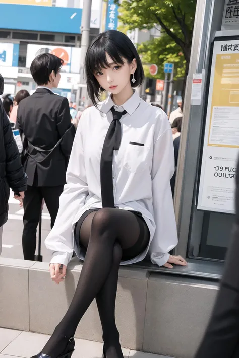 (masterpiece), best quality, highest quality, extremely detailed CG unity 8k wallpaper, detailed and intricate, original,highres,
\\
(16yo),extremely detailed_eyes, fingernails,sexy,breasts,
(eyeliner:0.5),(blush:0.5),black hair,hair pulled back, Folded tied hair,simple diamond earrings,detailed skin,
looking at viewer,solo,
(NSFW:1.1),
\\
office lady, suits, white shirt,striped miniskirt, (lace black pantyhose), black heels, LV bags,thighhighs,
crossed legs, sitting,
\\
street, subway station, shop border, akihabara \(tokyo\), shibuya \(tokyo\), shinjuku \(tokyo\), tree,rain, cloudy,
\\
beautifully detailed background,depth of field,loli:0.1,realistic:1.3,
(ambient light:1),(cinematic composition:1.3),(neon lights:0.1),(HDR:0.1),Accent Lighting,
(pantyshot:1.2),fish eye lens,