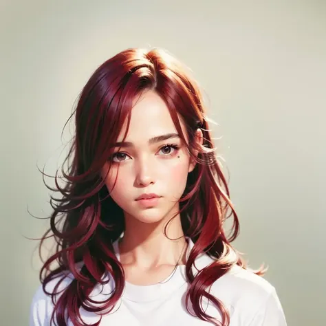 (RAW photo, best quality), (realistic, photo-realistic:1.2), (1girl, solo), high quality, (high detailed skin:1.4), (((Caucasian Girl:0.8))), puffy eyes, gorgeous hair, medium breasts, white office girl shirt, plain white background, dslr, soft lighting, film grain, Fujifilm XT3, portrait, (long hair),  (((red hair))), (long hair), (side view), (closeup), <lora:epiNoiseoffset_v2:1>, 