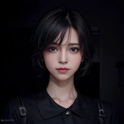 (RAW photo, best quality), (realistic, photo-realistic:1.2), 1girl, high quality, (high detailed skin:1.4), puffy eyes, gorgeous hair, (dark room:1.3), (rim lighting:1.3), (dimly lit:1.3), (dark night:1.3), indoors, portrait, black hair, dark background, short hair, <lora:koreanDollLikeness_v15:0.4>, <lora:breastinclassBetter_v13:0.4>, <lora:fashionGirl_v47:0.4> <lora:epi_noiseoffset2:1.8>