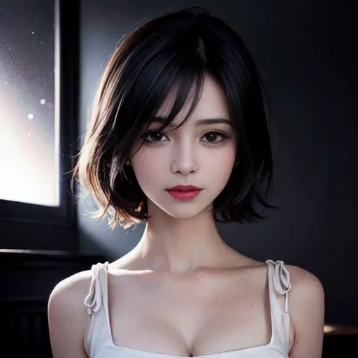 (RAW photo, best quality), (realistic, photo-realistic:1.2), 1girl, high quality, (high detailed skin:1.4), puffy eyes, gorgeous hair, <lora:epiNoiseoffset_v2:1.8>, (dark room:1.3), (rim lighting:1.3), (dimly lit:1.3), (dark night:1.3), indoors, portrait, black hair, dark background, short hair, <lora:koreanDollLikeness_v15:0.4>, <lora:breastinclassBetter_v13:0.4>, <lora:fashionGirl_v47:0.4>