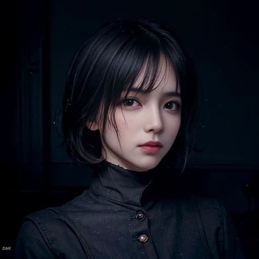 (RAW photo, best quality), (realistic, photo-realistic:1.2), 1girl, high quality, (high detailed skin:1.4), puffy eyes, gorgeous hair, (dark room:1.3), (rim lighting:1.3), (dimly lit:1.3), (dark night:1.3), indoors, portrait, black hair, dark background, short hair, <lora:koreanDollLikeness_v15:0.4>, <lora:breastinclassBetter_v13:0.4>, <lora:fashionGirl_v47:0.4> <lora:epi_noiseoffset2:1.8>
