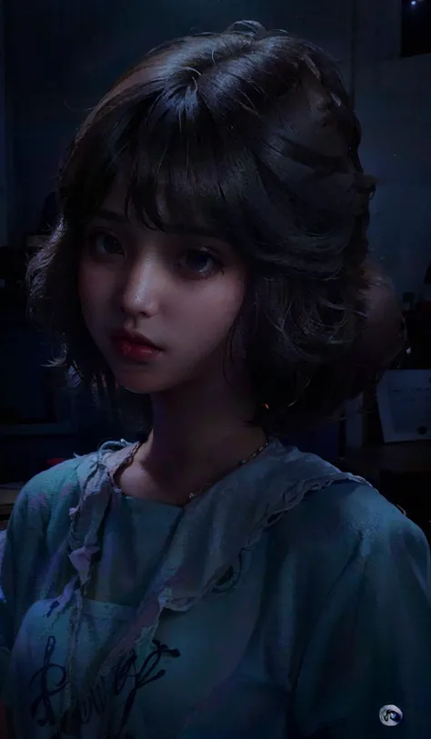 (RAW photo, best quality), (realistic, photo-realistic:1.2), 1girl, high quality, (high detailed skin:1.4), puffy eyes, gorgeous hair, (dark room:1.3), (rim lighting:1.3), (dimly lit:1.3), (dark night:1.3), indoors, portrait, black curly hair, dark background, short hair, <lora:breastinclassBetter:0.4>, <lora:seikomatsuda:1>, <lora:epi_noiseoffset2:1>, <lora:fashigirl-lora-v4.7-32dim-5ep:0.4>, <lora:koreanDollLikeness:0.4>