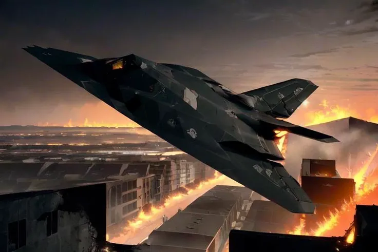 analog gloomy aerial photo of a nighthawk stealth bomber, <lora:n1ghth4wk:1>, ((nighttime)), ((side view)), (explosions on the ground:1.1), ((fire)), decayed city, city ruins, High Detail, Sharp focus, (photorealism), realistic, best quality, 8k, award winning, dramatic lighting, epic, cinematic, masterpiece, rim light, action movie, war,