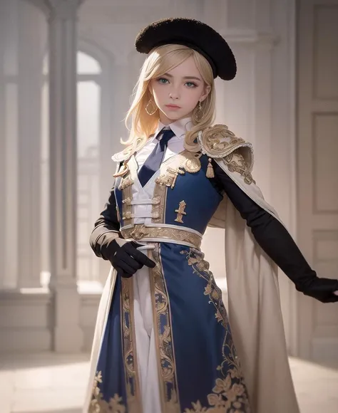 (Realistic:1.5),(raw photo:1.2),(photorealistic:1.2),(masterpiece:1.2),best quality,highest quality,detailed and intricate,original,highres,8k,ultra-detailed,(detailed face:1.2),(high detailed skin:1.2),Fujifilm XT3,ulzzang-6500-v1.1,detailed eyes,16 years old,extremely detailed CG unity 8k wallpaper,         (close-up:1.2) ,(plaza:1.3)  ,(full body:0.9),1girl,pavilion,pond,garden,  standing,
nice hands,perfect hands,<lyco:GoodHands-beta2:1>,           epMatador outfit,epMatador_hat,necktie,jacket,
necklace,single earring,  forehead jewel,  ,     long hair,blonde_hair,   ,bangs,    ,blue eyes,   ,  <lyco:epMatador1:1.0>,leather gloves,