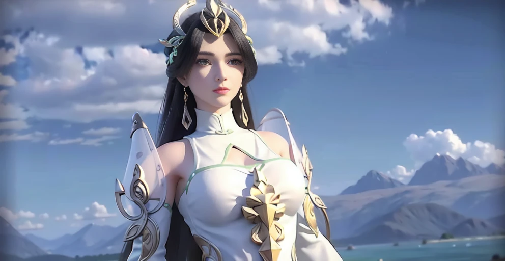 masterpiece,best quality, 1girls, solo, long hair, black hair, hair ornament, dress, jewelry, closed mouth, earrings, sky, cloud, white dress, shield , perfect female body, looking at viewer, extremely detailed CG unity 8k wallpaper, Amazing, finely detail,cinematic lighting, close-up, floating hair, outdoors, sky, wind, detailed background, beautiful detailed eyes, bright pupils, ((upper body:1.4)),dynamic pose,(rainbow-candy:0.8),(style-swirlmagic:0.8),(flower_style:0.8) , <lora:liushen_v2:1>, <lora:fairyworld_v2.0:0.8>