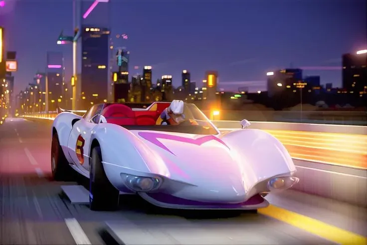 analog gloomy photo of a Mach 5 car, <lora:m4ch5:1>, racing down a neon new york city avenue at night, outrun, synthwave, retrowave, purple sky, ((cyberpunk)), High Detail, Sharp focus, ((photorealism)), realistic, best quality, 8k, award winning, dramatic lighting, epic, cinematic, masterpiece, dutch angle, sports photography, ambient fog:1.3, volumetric lights,
