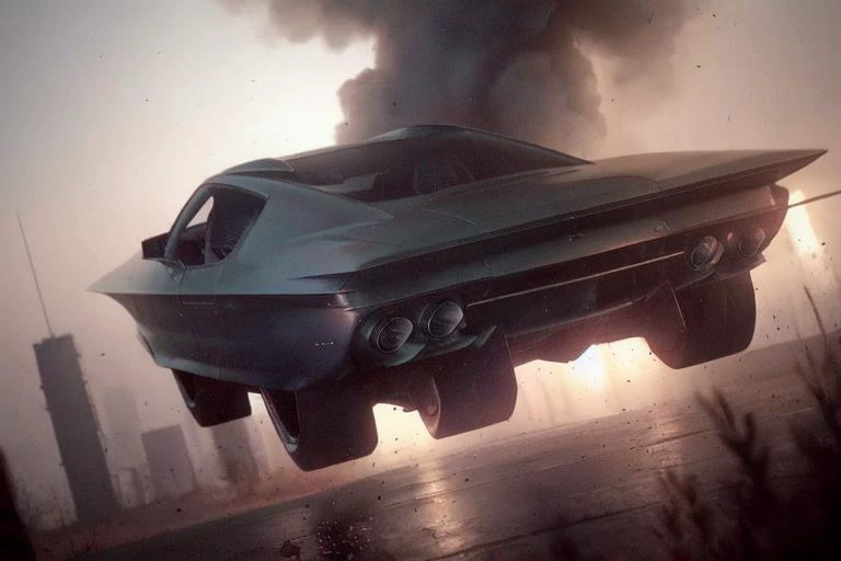 analog gloomy photo of a GM Firebird 4 car, <lora:gmf1r3b1rd4:1>, (escaping the city (at night)), apocalyptic urban street in the background, fire and smoke, explosions in the back, ((nighttime)), High Detail, Sharp focus, ((photorealism)), realistic, best quality, 8k, award winning, dramatic lighting, epic, cinematic, masterpiece, depth of field, dutch angle, volumetric lights, ambient fog:1.3,