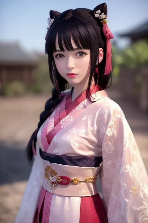 masterpiece, best quality, anime, highly detailed face, highly detailed eyes, highly detailed background, perfect lighting,
solo,blush,
upper body,realistic,
1girl,xiaojiu,black hair,pink hanfu,braid, jewelry,medium breasts,
standing ,looking at viewer,
simple background,
<lora:xiaojiu_20230709095058:0.7>