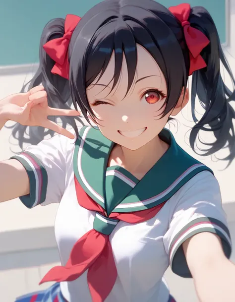 score_9, score_8_up, score_7_up,  yazawa nico from love live, smile, school uniform, nico nico nii, black hair, twintails, double \m/, red eyes, one eye closed, solo, school