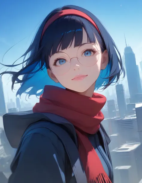 score_9, score_8_up, score_7_up, 1girl, looking at viewer, bob cut, reflective_hair, dark blue hair, round eyewear, blue eyes, pink lips, red hairband, smile, (lens flare:1.1), multicolored hair, dutch angle, science fiction, futuristic city, wind lift, scarf, head tilt, light frown, from a skyscraper, leaning forward, from side,