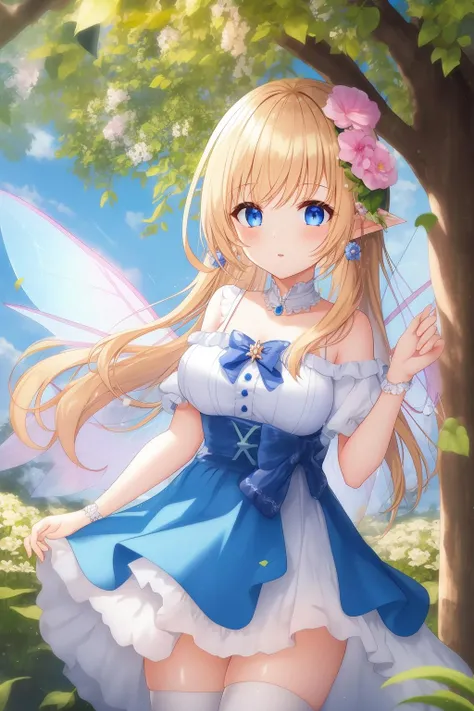 1girl, fairy, blone_hair, blue_eyes, fairy_wings, outdoor, flower, flying