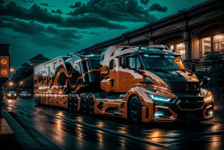 <lora:LoHa_SuperTruckV2:0.8>
masterpiece, highly detailed photorealistic 8k raw photo, best cinematic quality, volumetric lighting and shadows, fluorescent Halloween Orange sptrck, showcasing sleek lines, advanced features, innovation, futuristic cityscape, Aerial view, shiny and reflective bodywork, sports vehicle lines