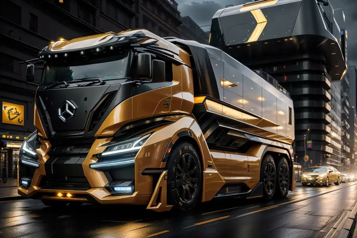 <lora:LoHa_SuperTruckV2:0.8>
masterpiece, highly detailed photorealistic 8k raw photo, best cinematic quality, volumetric lighting and shadows, Amber sptrck, showcasing sleek lines, advanced features, innovation, futuristic cityscape, Cowboy shot, shiny and reflective bodywork, people on the background