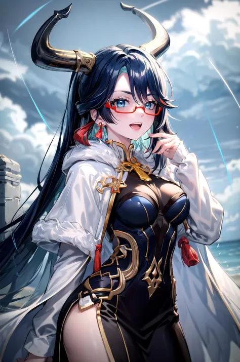 (masterpiece, best quality, detailed), 1girl, solo, looking at viewer, xianyun, medium breasts, multicolored hair, very long hair, ponytail, hair ornament, semi-rimless eyewear, earrings, jewelry, glasses,
<lora:AncientVikings-10:1>, ancient viking, viking helmet, horned helmet, fur trim, helmet, outdoors, lightning, rain, cloudy sky, wet, storm, wind, contrapposto, smile, open mouth, teeth, v-shaped eyebrows