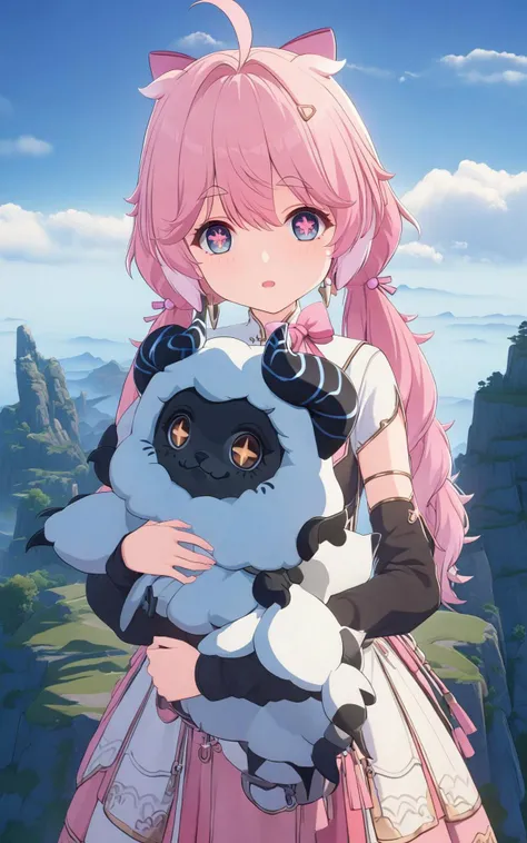 <lora:encore:1>
encore, correct anatomy,  embraces small cloud_shaped monster_pet, cute, ((+_shaped pupils)), beautiful eyes, many details, pink bows, super detailed, atmospheric lighting, high quality, HD