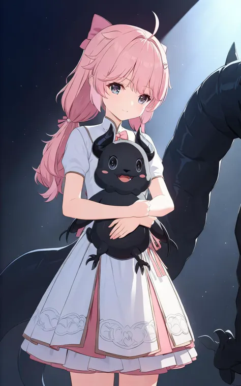 <lora:encore:1>
small girl, one black monster pet, correct anatomy, beautiful body, dress, cute, pink hair, super detailed, atmospheric lighting, high quality, HD, realism