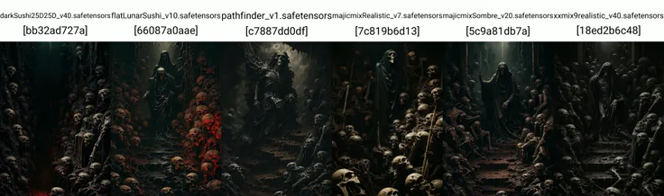 (masterpiece, best quality), darkened, group of skeletons, no humans, skull, monster, ribs, skeleton, horror (theme), 6+others, dark art, nicola samori art, dark style, moody, red and black gradient, <lora:darkened:0.8> <lora:add_detail:0.7> <lora:epi_noiseoffset2:0.8>
BREAK
<lora:vergvoktre_finetuned:0.4> by vergvoktre, dramatic, gritty, nightmare, intricate details, hyperdetailed, cinematic, dark shot, film grainy, soothing tones, muted colors, technicolor