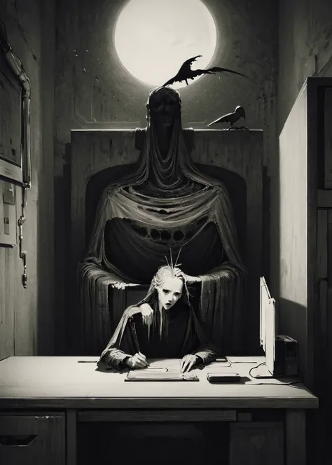a painting of a woman sitting at a desk with a bird on her head, creepy, nightmare, intricate details, hyperdetailed, cinematic, dark shot, muted colors, film grainy, soothing tones, muted colors, technicolor, by vergvoktre
<lora:vergvoktre_finetuned:0.85>
BREAK
<lora:Dark_Art:1> d4rk4rt artstyle, monochrome, greyscale