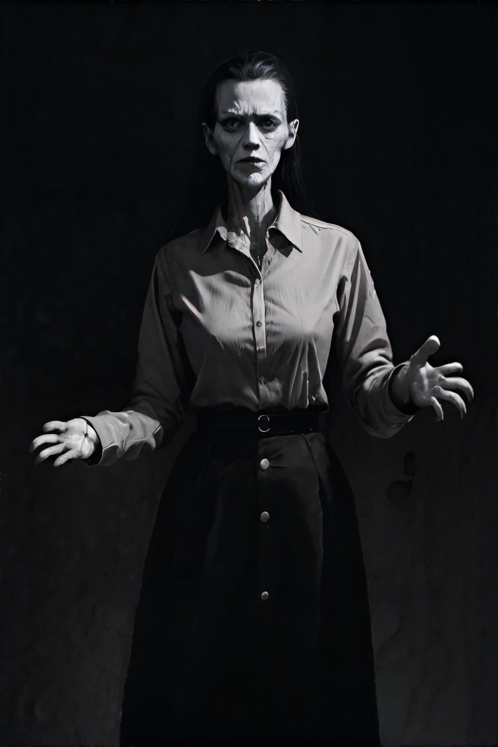 A black and white photo of a woman in a dress and a shirt - SeaArt AI