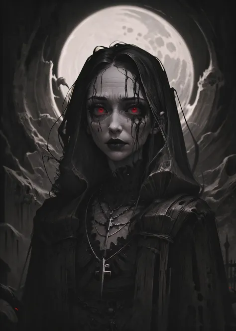 Goth girl 1girl, solo, long hair, looking at viewer, red eyes, jewelry, necklace, makeup, lipstick, black background, portrait, glowing eyes, <lora:Goth_girl-v1.5:0.8>
<lora:vergvoktre_finetuned:0.8> by vergvoktre, dramatic, gritty, intense, distorted face, nightmare, intricate details, hyperdetailed, cinematic, dark shot, film grainy, soothing tones, muted colors, technicolor
BREAK
<lora:Dark_Art:1> d4rk4rt artstyle, monochrome, greyscale