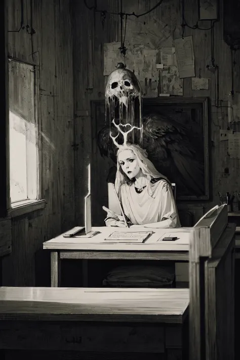 a painting of a woman sitting at a desk with a bird on her head, creepy, nightmare, intricate details, hyperdetailed, cinematic, dark shot, muted colors, film grainy, soothing tones, muted colors, technicolor, by vergvoktre
<lora:vergvoktre_finetuned:0.85>
BREAK
<lora:Dark_Art:1> d4rk4rt artstyle, monochrome, greyscale