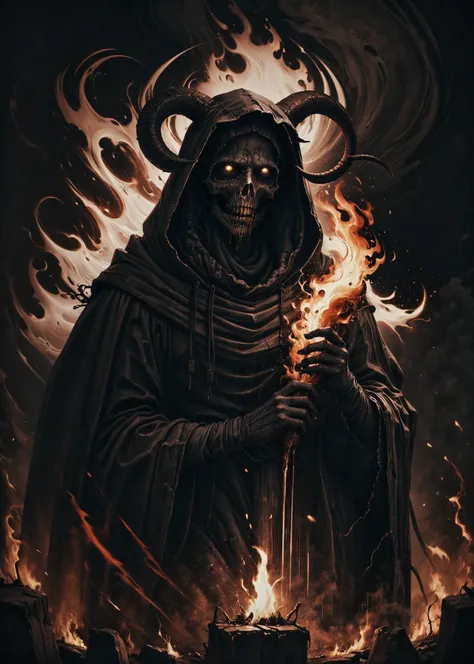 (masterpiece, best quality), d4rk4rt artstyle, solo, 1boy, upper body, male focus, horns, hood, fire, black background, facing viewer, hood up, red theme <lora:Dark_Art:1> <lora:epi_noiseoffset2:0.8>
BREAK
outdoors, fire, burning, raytracing <lora:add_detail:1>
BREAK
<lora:vergvoktre_finetuned:0.666> by vergvoktre, dramatic, gritty, nightmare, intricate details, hyperdetailed, cinematic, dark shot, film grainy, soothing tones, muted colors, technicolor