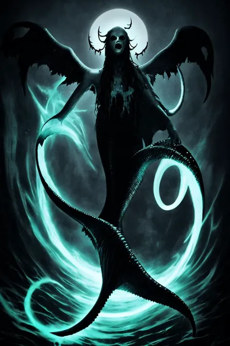 by vergvoktre, a scary mermaid creature with a god mask and long horns, long flowing white-silver hair, glowing red eyes, disturbing face, scary, horror, creepy,