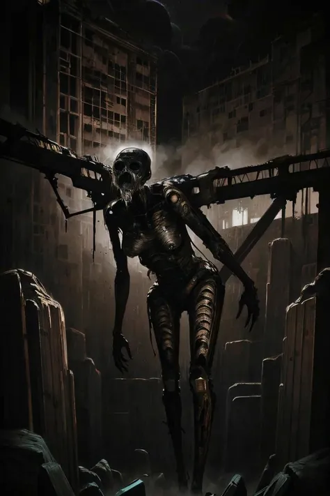 painting, (woman waifu in a cramped rusty hydraulic mech exoskeleton), night, oily, sweaty, dirty, ripped, post-apocalyptic, by vergvoktre