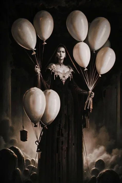 a painting of a woman holding a bunch of balloons, intricate details, hdr, intricate details, hyperdetailed, cinematic, dark shot, muted colors, film grainy, soothing tones, muted colors, technicolor, by vergvoktre