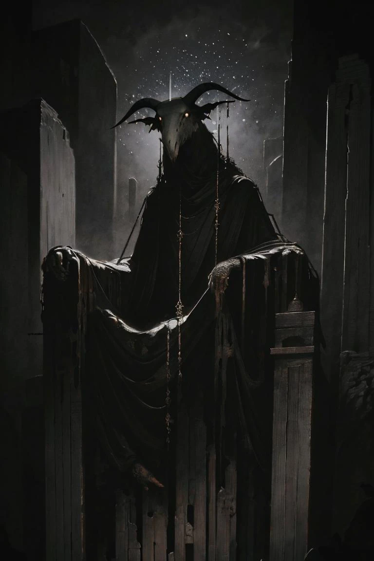 a painting of a goat head sitting on a throne, intricate details, hdr, intricate details, hyperdetailed, cinematic, dark shot, muted colors, film grainy, soothing tones, muted colors, technicolor, by vergvoktre