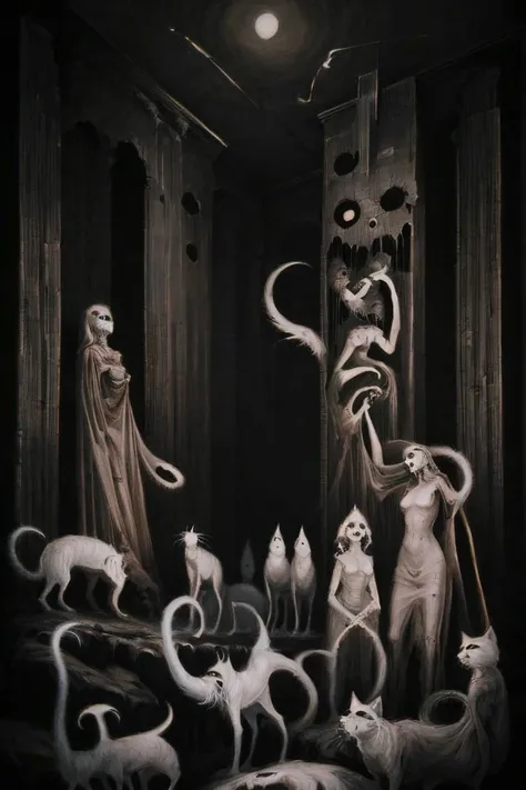 a painting of a woman with a lot of cats, creepy, nightmare, intricate details, hyperdetailed, cinematic, dark shot, muted colors, film grainy, soothing tones, muted colors, technicolor, by vergvoktre