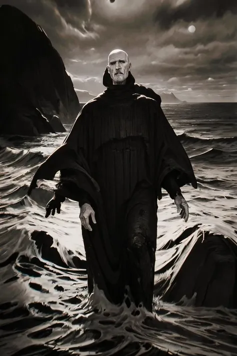 b&w photo of 42 y.o man in black clothes, bald, face, half body, body, high detailed skin, skin pores, coastline, overcast weather, wind, waves, by vergvoktre