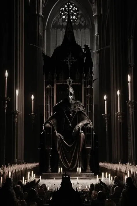 (masterpiece) (highest quality) (gothic cathedral:1.2), (gigantic masked figure seated on throne:1.2), (surrounded by tiny worshippers:1.5), distant shot, creepy, nightmare, by vergvoktre <lora:vergvoktre_finetuned:0.8>