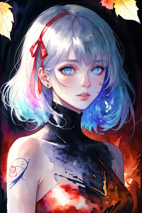 (8k, best quality, masterpiece:1.2),(best quality:1.0), (ultra highres:1.0), watercolor, a beautiful woman, shoulder, hair ribbons, by agnes cecile, half body portrait, extremely luminous bright design, pastel colors, (ink:1.3), autumn lights