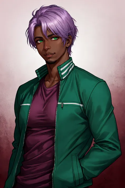 realistic, mature, solo, 1boy, male focus, green eyes, light purple hair, stubble, goatee, maroon background, dark skinned male, tan skin, looking at viewer, lips, shirt, jacket, hyur, specular highlights, gradient