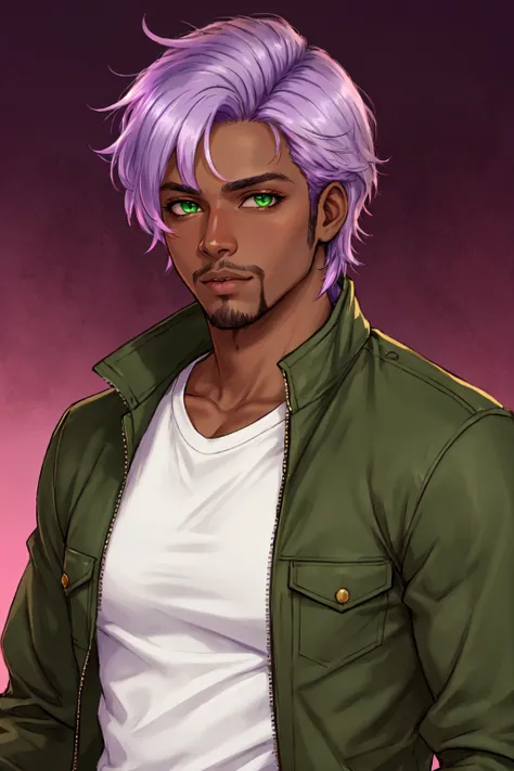 realistic, solo, 1boy, male focus, green eyes, light purple hair, stubble, goatee, maroon background, dark skinned male, tan skin, looking at viewer, lips, shirt, jacket, hyur, specular highlights, gradient