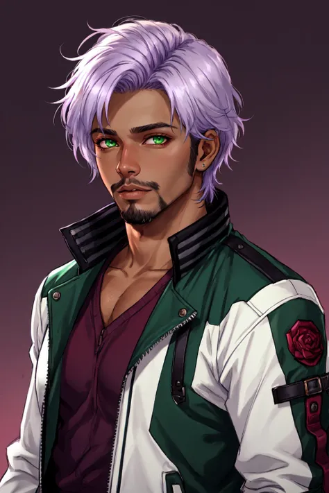 realistic, solo, 1boy, male focus, green eyes, light purple hair, stubble, facial hair, maroon background, dark skinned male, tan skin, looking at viewer, lips, jacket, hyur,specular highlights, gradient,